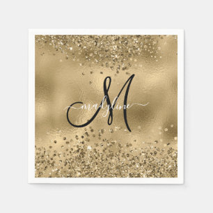 Chic Black Gold Glitzer Monogram Name Plane Serviette