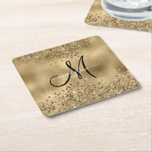 Chic Black Gold Glitzer Monogram Name Rechteckiger Pappuntersetzer