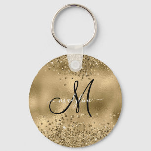 Chic Black Gold Glitzer Monogram Name Schlüsselanhänger