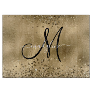 Chic Black Gold Glitzer Monogram Name Schneidebrett