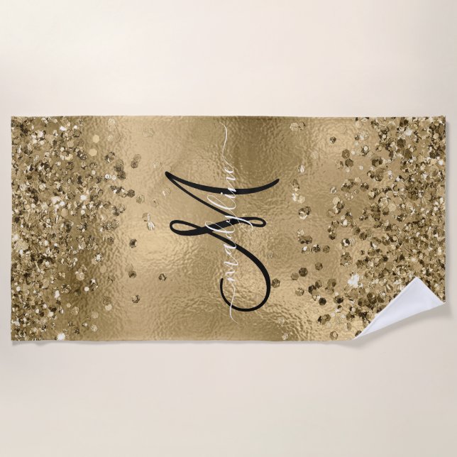 Chic Black Gold Glitzer Monogram Name Strandtuch (Vorderseite)
