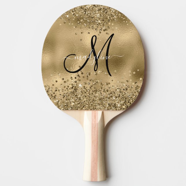 Chic Black Gold Glitzer Monogram Name Tischtennis Schläger (Vorderseite)