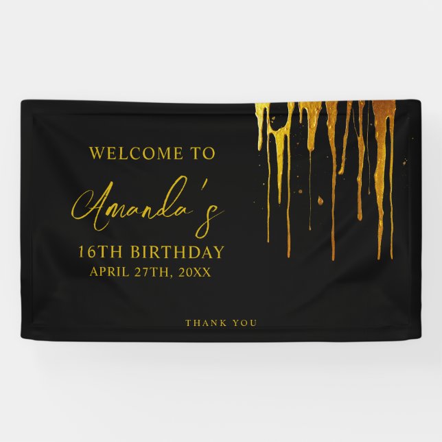 Chic Black & Gold Glitzer Tropfen Sweet 16 Birthda Banner (Horizontal)