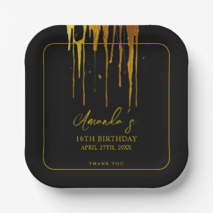 Chic Black & Gold Glitzer Tropfen Sweet 16 Birthda Pappteller