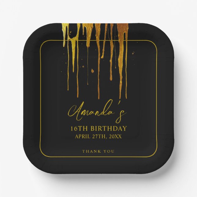 Chic Black & Gold Glitzer Tropfen Sweet 16 Birthda Pappteller (Vorderseite)
