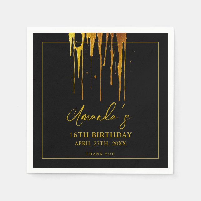 Chic Black & Gold Glitzer Tropfen Sweet 16 Birthda Serviette (Vorderseite)