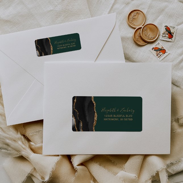 Chic Black Gold Green Wedding Rücksendeadresse (Von Creator hochgeladen)