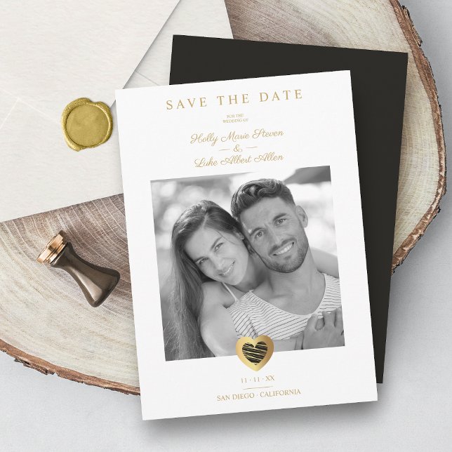 Chic Black & Gold Heart Foto Couple Wedding Save The Date (Von Creator hochgeladen)