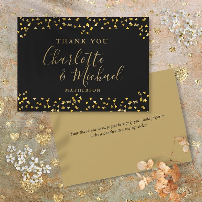 Chic Black Gold Hearts Confetti Signature-Script Dankeskarte (Chic Black Gold Hearts Confetti Signature Script Thank You Card)