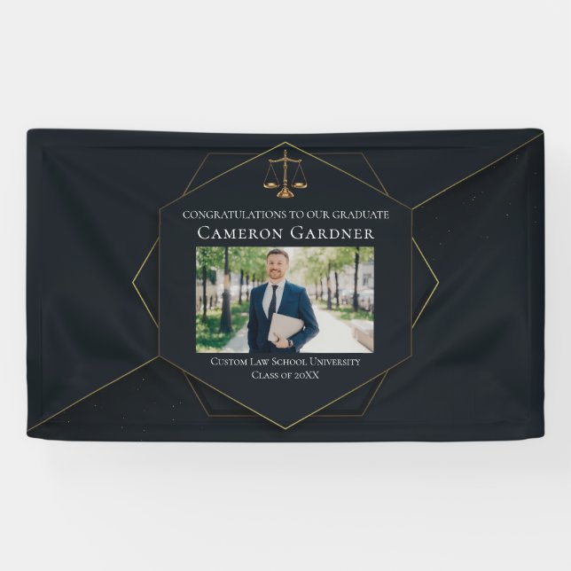 Chic Black Gold Law School Foto Graduation Party Banner (Horizontal)