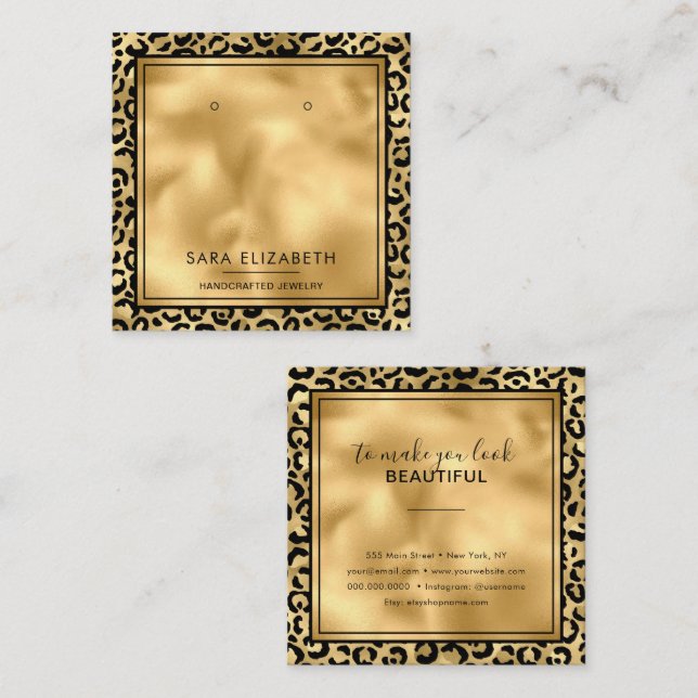 Chic Black Gold Leopard Print Earring Display Card Quadratische Visitenkarte (Vorne/Hinten)