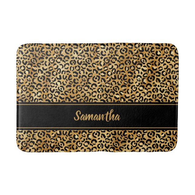 Chic Black Gold Leopard Print Personalisiert Badematte (Vorderseite)