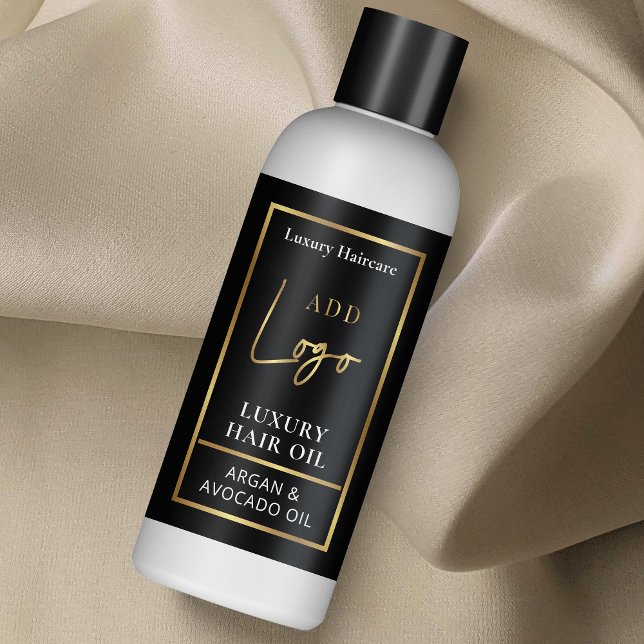 Chic Black & Gold Logo 4 OZ Cosmetic Flasche Label Rechteckiger Aufkleber (Stylish black and gold cosmetic product label with space for your logo and product ingredients)