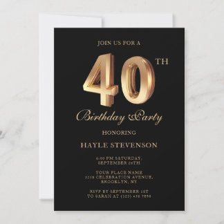 Chic Black & Gold Luxury Stilvoll 40. Geburtstag Einladung