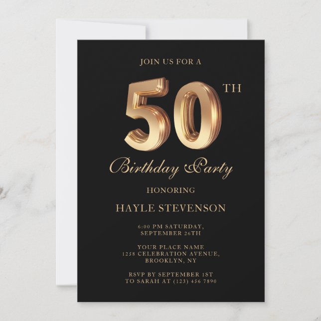 Chic Black & Gold Luxury Stilvoll 50. Geburtstag Einladung (Vorderseite)