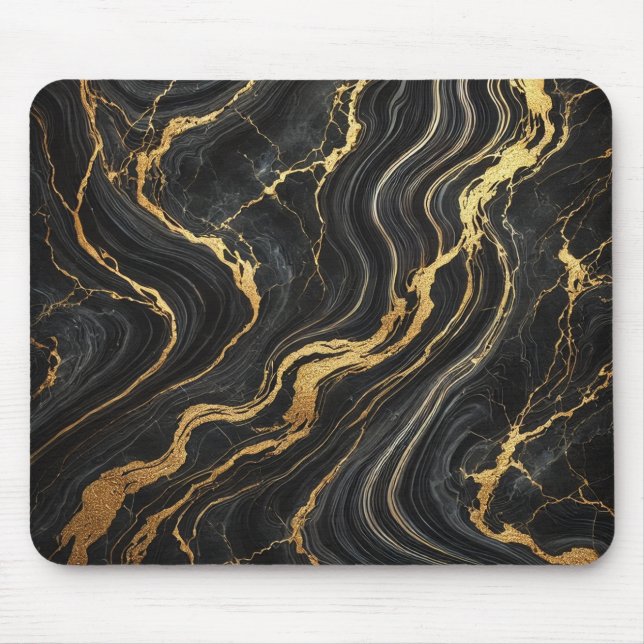 Chic Black & Gold Metallic Marmor Look Glamour Mousepad (Vorne)
