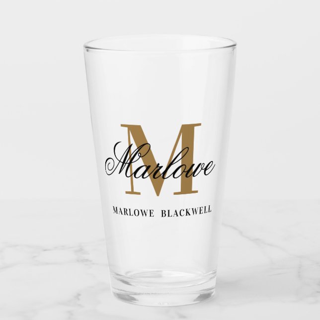 Chic Black Gold Monogram Calligrafy Glass Glas (Vorderseite)