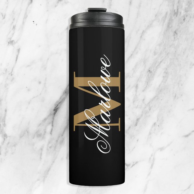 Chic Black Gold Monogram Calligraphie Thermosbecher (Von Creator hochgeladen)