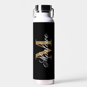 Chic Black Gold Monogram Calligraphie Trinkflasche