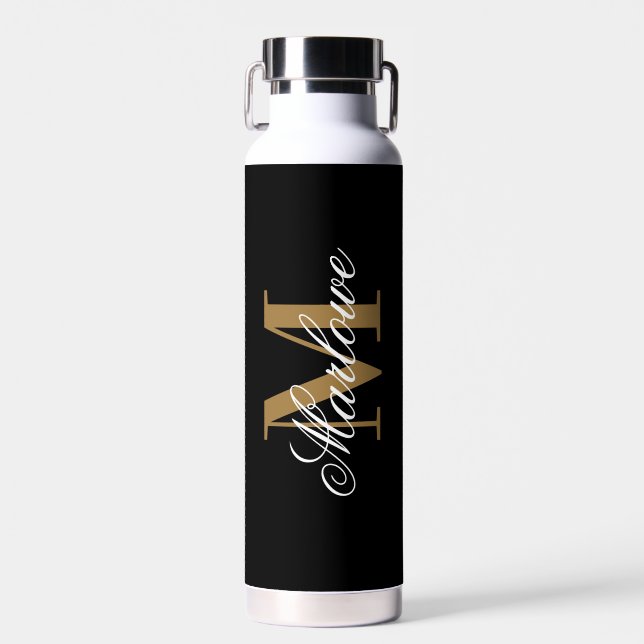 Chic Black Gold Monogram Calligraphie Trinkflasche (Vorne)