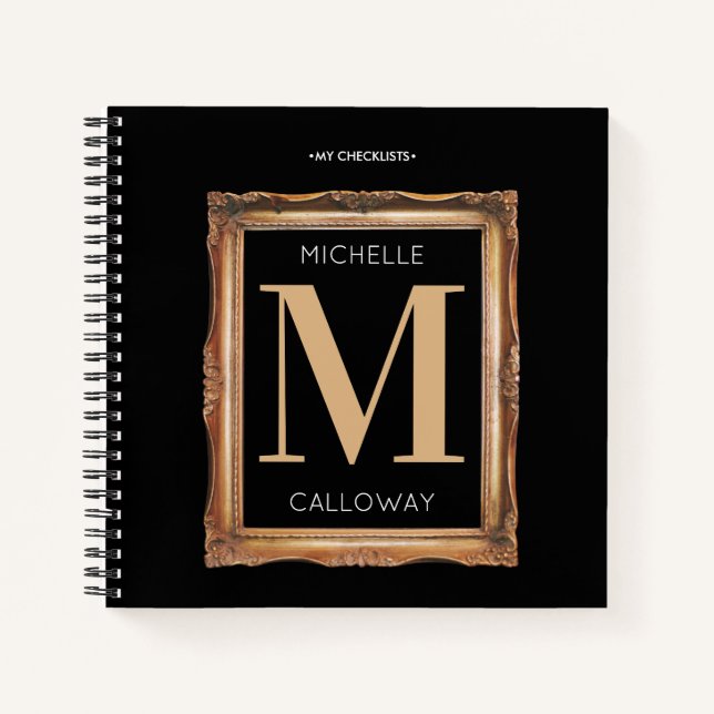 Chic Black & Gold Monogram Checkliste Notizbuch (Vorderseite)