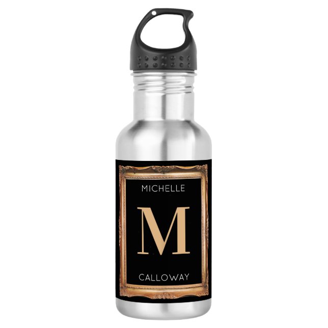 Chic Black & Gold Monogram Edelstahlflasche (Vorderseite)