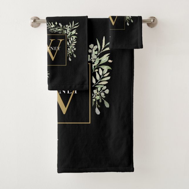 Chic Black Gold Monogram Greenery Floral Badhandtuch Set (Insitu)