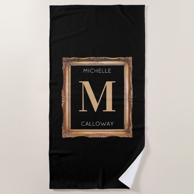 Chic Black & Gold Monogram Strandtuch (Vorderseite)