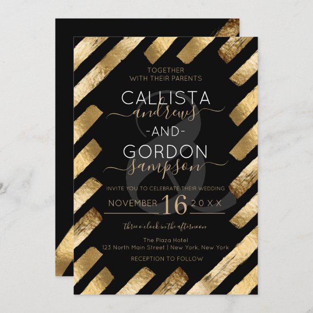 Chic Black Gold Pinselstrich Stripe Border Wedding Einladung (Vorne/Hinten)