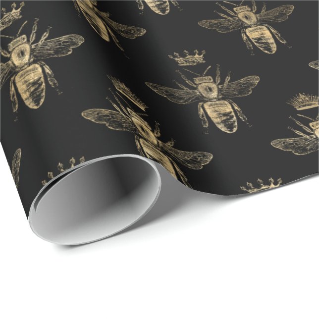 Chic Black Gold Queen Bee Pattern Geschenkpapier (Rolleneckpunkt)