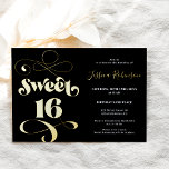 Chic black gold Retro-Script Foto Sweet 16 Folieneinladung<br><div class="desc">Chic Black Gold Retro Drehbuch Foto Sweet 16 Geburtstagsfeier Einladung mit echter Goldfolie.</div>