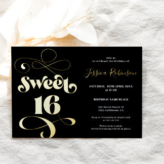 Chic black gold Retro-Script Foto Sweet 16 Folieneinladung