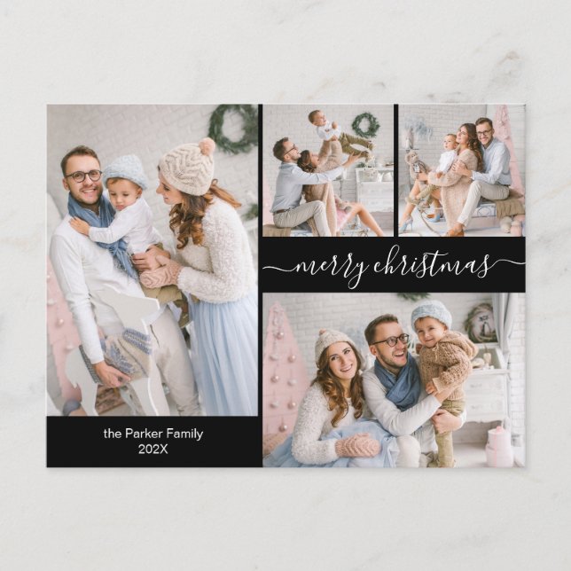 Chic Black Gold Script 5 Multiple Christmas Foto Postkarte (Vorderseite)