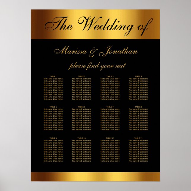 Chic Black Gold Script Border Wedding Seating Poster (Vorne)