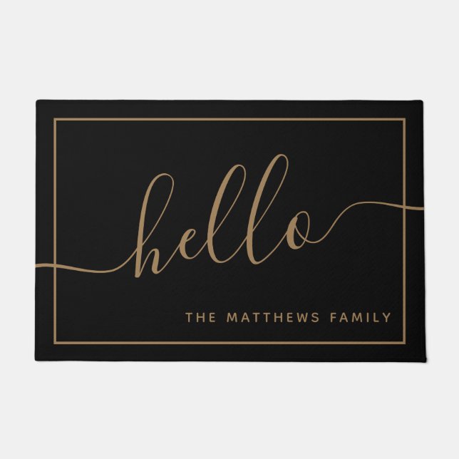 Chic Black Gold Script Hallo Familienname Willkomm Fußmatte (Vorderseite)