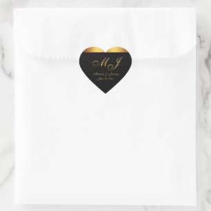 Chic Black Gold Script Monogram Wedding Herz-Aufkleber