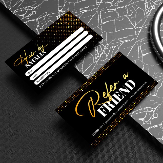 Chic Black Gold Sparkle Salon Empfehlungskarte (Von Creator hochgeladen)