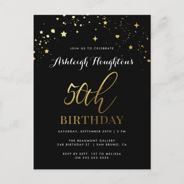 Chic Black & Gold Star Confetti 50. Geburtstag Einladungspostkarte