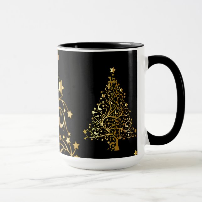 Chic Black Gold Stars Stilvolle Weihnachtsbaume Tasse (Rechts)