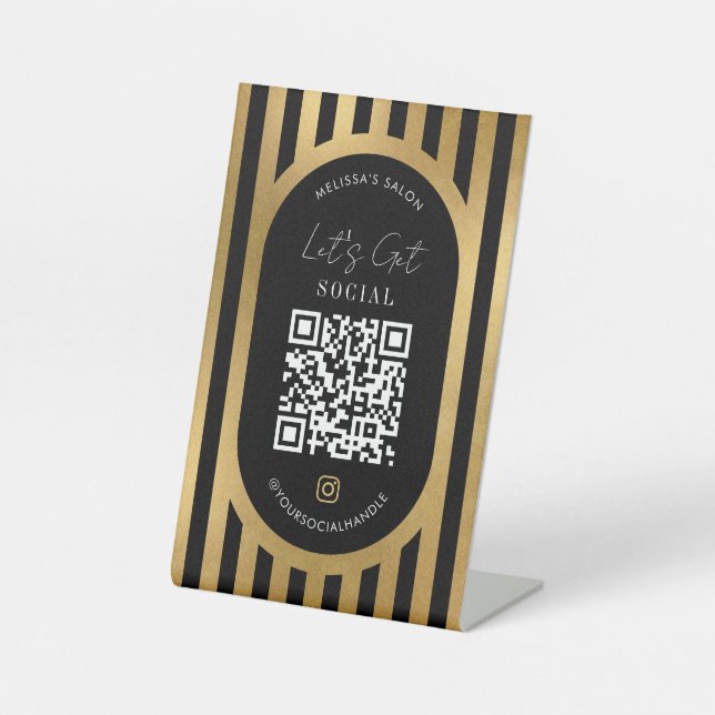 Chic Black & Gold Stripes Social Media QR Code Sockelschild (Vorderseite)