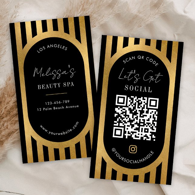 Chic Black & Gold Stripes Social Media QR Code Visitenkarte (Von Creator hochgeladen)