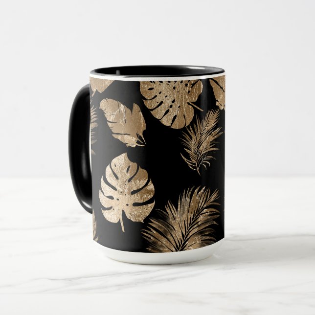 Chic Black Gold Tropical Blätter Tasse (Vorderseite Links)