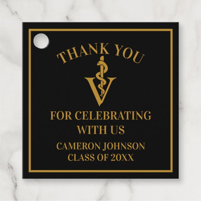 Chic Black Gold Veterinary School Graduation Party Geschenkanhänger (Vorderseite)