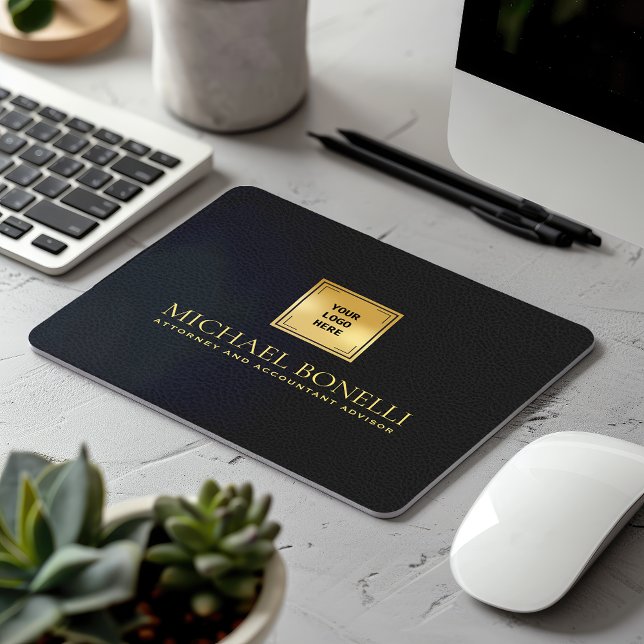Chic Black Gray Leather Luxury Gold Logo NAME Mousepad (Von Creator hochgeladen)