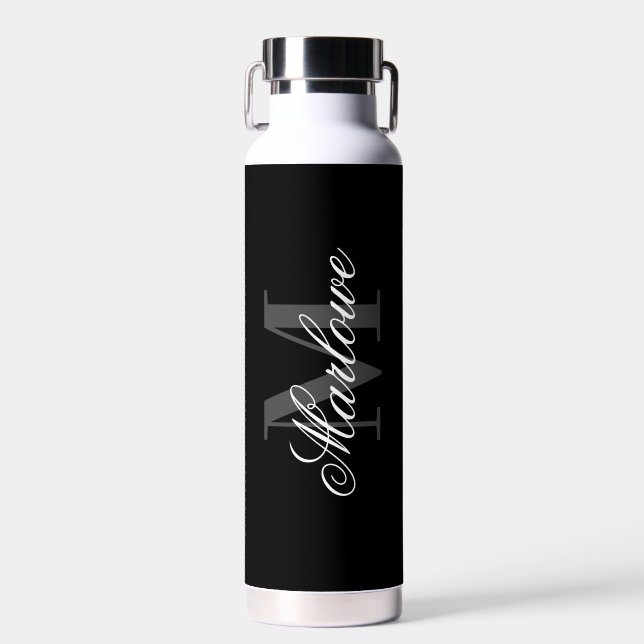 Chic Black Gray Monogram Calligraphy Trinkflasche (Vorne)