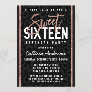 Chic Black Gray Rose Gold Glitzer Cheetah Sweet 16 Einladung