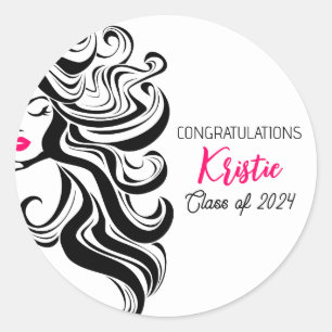Chic Black Hair Stylist Graduation Party Retro Runder Aufkleber