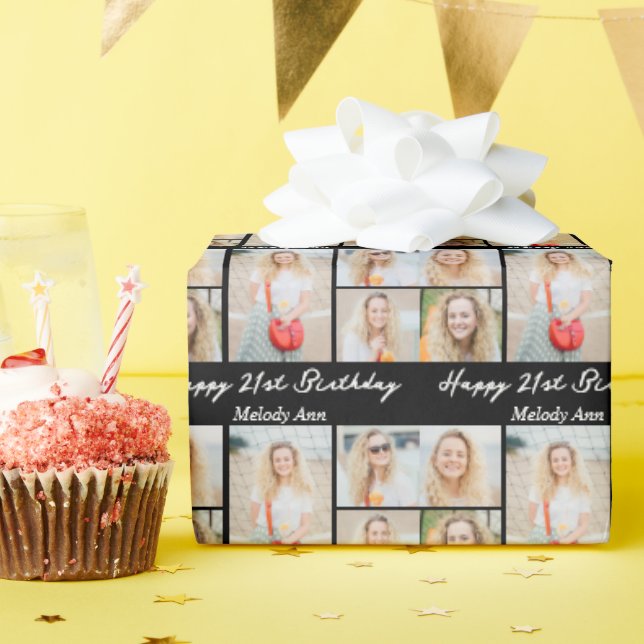 Chic Black Happy Birthday Photo Collage Geschenkpapier (Geburtstagsparty)