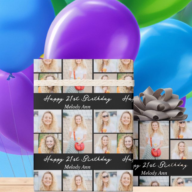 Chic Black Happy Birthday Photo Collage Geschenkpapier (Von Creator hochgeladen)