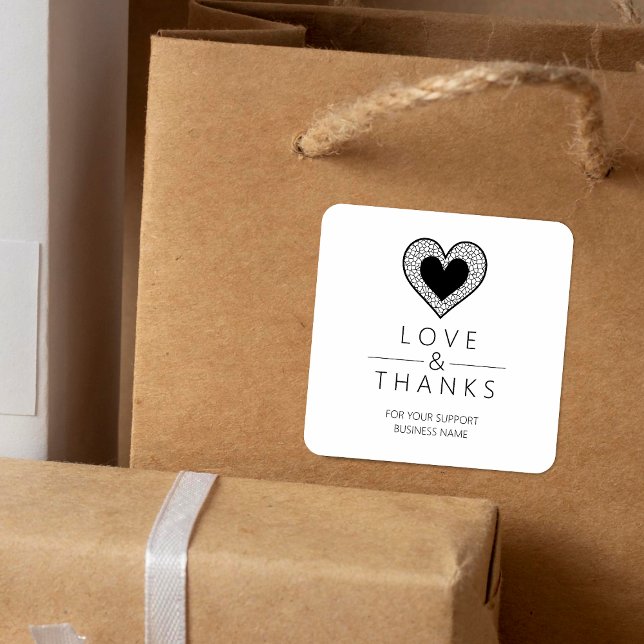 Chic Black Heart Lace Effect Love & Thanks Support Quadratischer Aufkleber (Von Creator hochgeladen)